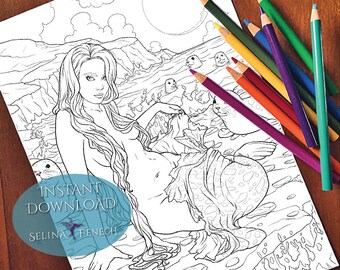 Selkie's Skin Mermaids and Animal Companions Coloring Page/Digi Stamp Fantasy Printable Download by Selina Fenech