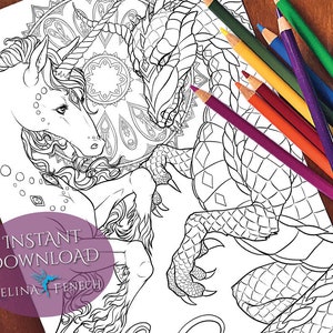 Creatures of Legend Unicorns and Dragons Coloring Page/Digi Stamp Fantasy Printable Download by Selina Fenech