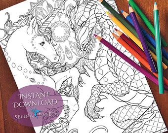 Creatures of Legend Unicorns and Dragons Coloring Page/Digi Stamp Fantasy Printable Download by Selina Fenech