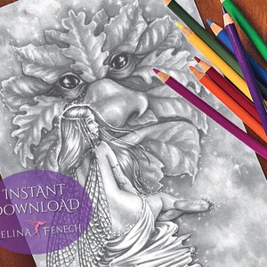 May include: A black and white printable coloring page featuring a fairy with wings and a leafy, tree-like creature. The text "INSTANT DOWNLOAD" and "SELINA FENECH" is visible in the lower left corner of the image.