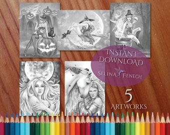 Brujas góticas de Halloween Página para colorear en escala de grises/Digi Stamp Fantasy Descarga imprimible por Selina Fenech