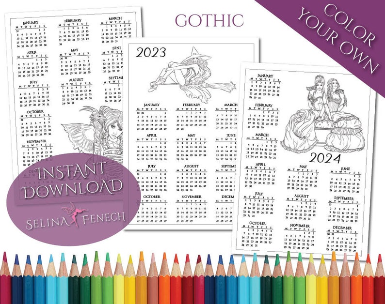 Gothic 20222024 Calendar Coloring Page/Digi Stamp Fantasy Etsy