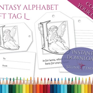 Fantasía Alfabeto Etiqueta de regalo Monograma L Página para colorear Arte Papelería imprimible Artesanía Scrapbooking Diseño Descarga instantánea