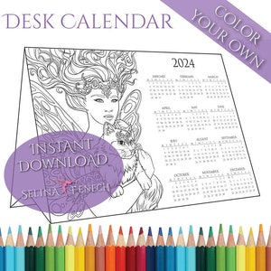 Cat Magic Stand-up Bureaukalender 2024 Kleurplaat DIY Art Printable Scrapbooking Design Instant Download