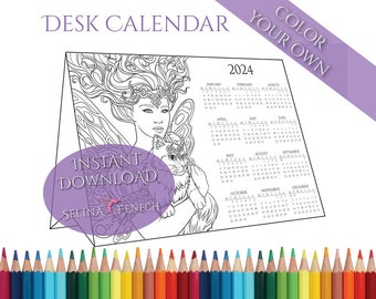 Cat Magic Stand-up Desk Calendar 2024 Página para colorear DIY Arte Imprimible Scrapbooking Diseño Descarga instantánea