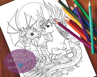 Boop Unicorns and Dragons Coloring Page/Digi Stamp Fantasy Printable Download by Selina Fenech