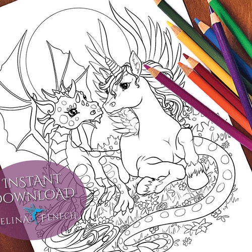 Unicorns and Dragons Coloring Collection Coloring Page/digi - Etsy