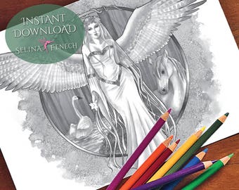 Vila  Nature's Angel Enchanted Magical Forests Grayscale Coloring Page/Digi Stamp Fantasy Printable Download by Selina Fenech