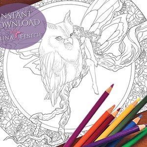 Wise Friend Fairy Companions Coloring Page/Digi Stamp Fantasy Printable Download by Selina Fenech