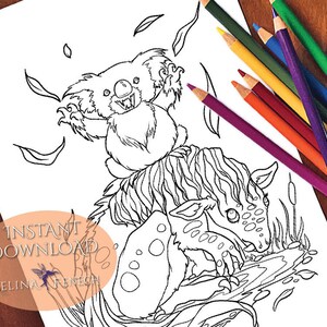 Bunyip y Drop Bear Faedorables Fantasy Beasts Página para colorear/Digi Stamp Fantasy Descarga imprimible por Selina Fenech