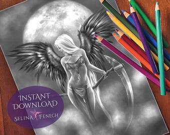 Dark Angel Night Magic Gothic Escala de grises para colorear Página/Digi Stamp Fantasy Descarga imprimible por Selina Fenech