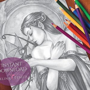 May include: A black and white illustration of a woman with long hair and a dragon. The woman is wearing a flowing dress and holding the dragon in her arms. The text "INSTANT DOWNLOAD SELINA FENEC" is in the lower left corner of the image.