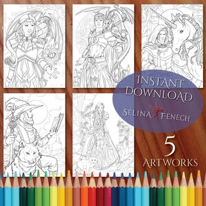 Wild Magic Dragons and Unicorns Coloring Page/Digi Stamp Fantasy Printable Download by Selina Fenech