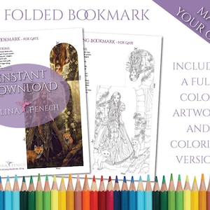 Folded Bookmark Fox Gate Fantasy Art Coloring Page/Digi Stamp Fantasy Printable Download by Selina Fenech