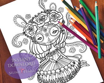 Chain of Skulls Faedorables Cute and Creepy Coloring Page/Digi Stamp Fantasy Printable Download by Selina Fenech