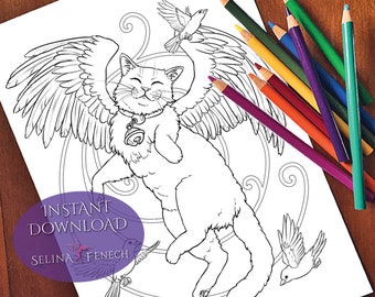 Flying Kitty Winged Magic Coloring Page/Digi Stamp Fantasy Printable Download by Selina Fenech