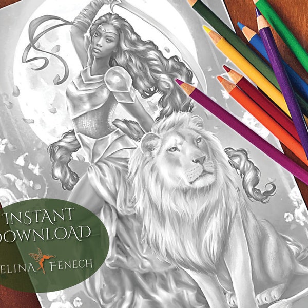 Passion and Power Natural Enchantment Grayscale Coloring Page/Digi Stamp Fantasy Printable Download by Selina Fenech