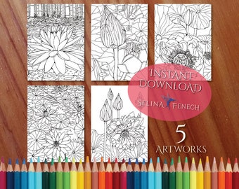 Watergarden Water Lilies Coloring Page/Digi Stamp Fantasy Printable Download by Selina Fenech