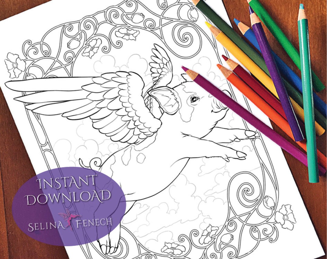 Pigs Could Fly Winged Magic Coloring Page/digi Stamp Fantasy Printable ...