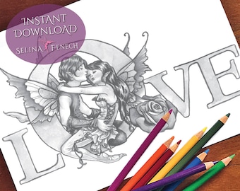 In Love Fairy Art Grayscale Coloring Page/Digi Stamp Fantasy Printable Download by Selina Fenech