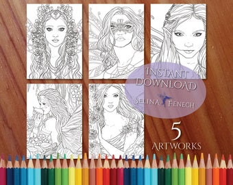 Fairy Magic Portraits Coloring Page/Digi Stamp Fantasy Printable Download by Selina Fenech