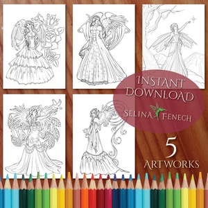 Festive Magic Angels Coloring Page/Digi Stamp Fantasy Printable Download by Selina Fenech
