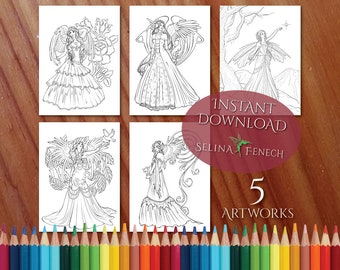 Festive Magic Angels Coloring Page/Digi Stamp Fantasy Printable Download by Selina Fenech