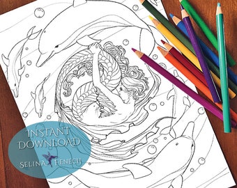 May include: A black and white line drawing of a mermaid surrounded by dolphins. The mermaid is curled up with her tail wrapped around her. The dolphins are swimming around her in a circle. The image is a coloring page with the words "Instant Download" and "Selina Fenech" at the bottom.