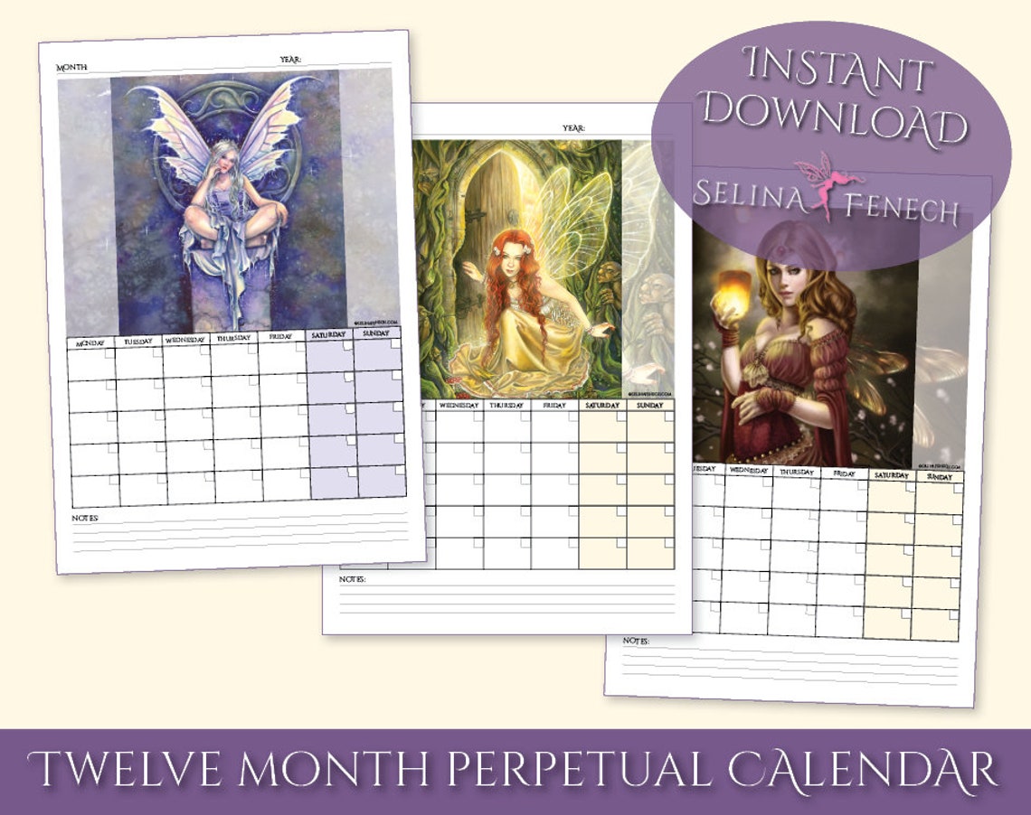 Fairies Perpetual 12 Month Calendar Fairy Art Printable Etsy