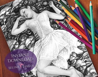 Robado en su sueño Noche Mágica Gótica Escala de grises Página para colorear/Digi Stamp Fantasía Descarga imprimible por Selina Fenech