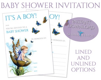 Baby Shower 5 x 7 Invitation - Little Boy Blue - Fairy Art Printable Scrapbooking Design Instant Download