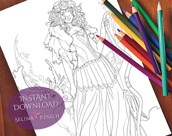 Diana Goddess and Mythology Coloring Page/Digi Stamp Fantasy Printable Download by Selina Fenech