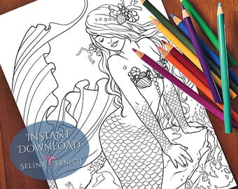 May include: A black and white line art coloring page featuring a mermaid with long flowing hair, a seashell bra, and a fishtail. The mermaid is sitting on a rock with seaweed and bubbles around her. The words "INSTANT DOWNLOAD" and "SELINA FENECH" are printed at the bottom of the page.