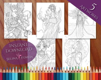 Goddesses and Swords Coloring Page/Digi Stamp Fantasy Printable Download by Selina Fenech