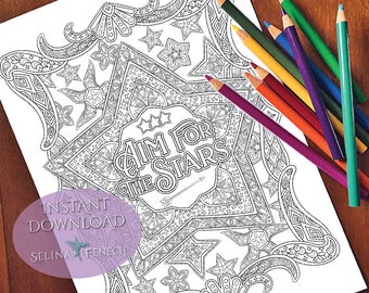 Apunta a las estrellas Citas inspiradoras Página para colorear/Digi Stamp Fantasy Descarga imprimible por Selina Fenech
