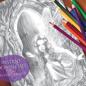 Threshold Fairy Companions Página para colorear en escala de grises/Digi Stamp Fantasy Descarga imprimible por Selina Fenech