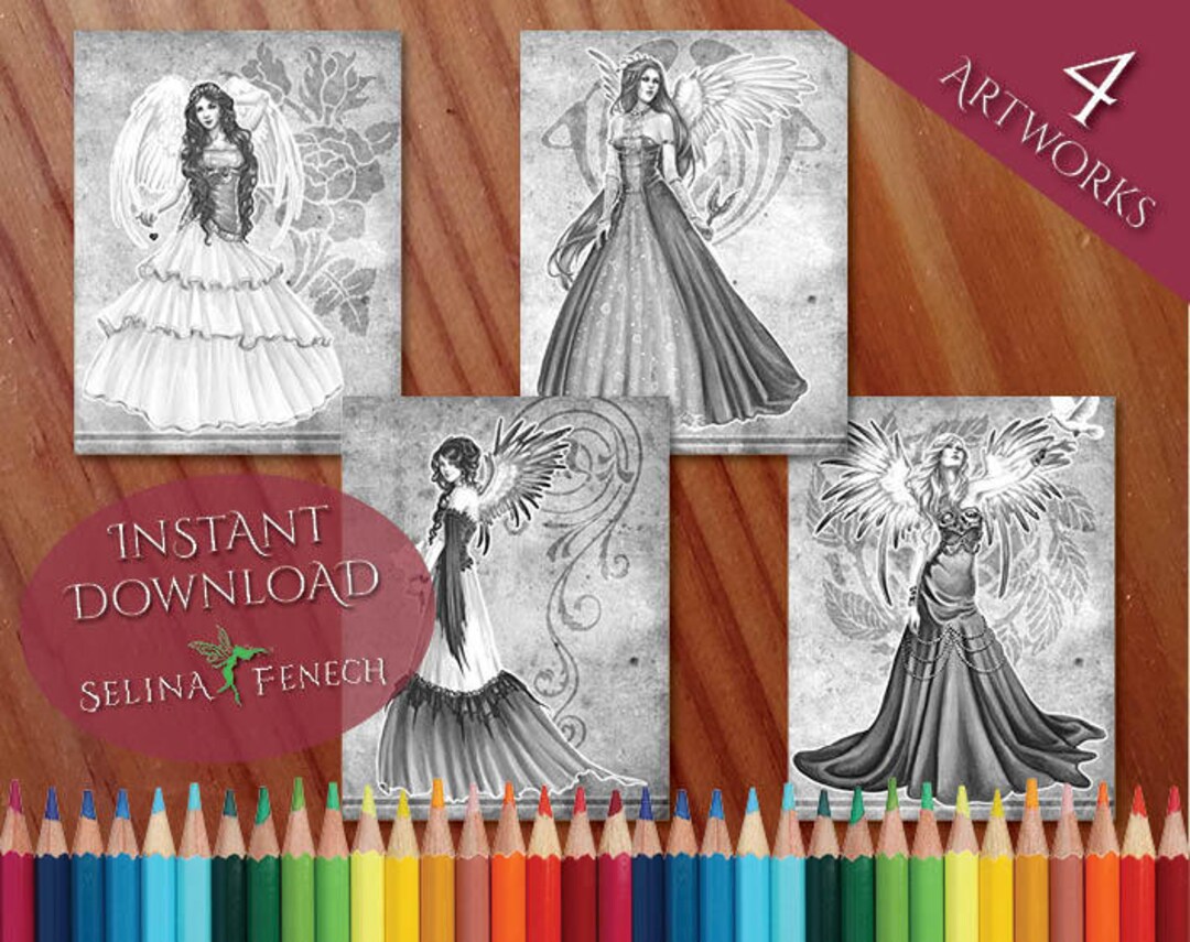 Festive Magic Choirs Angels Grayscale Coloring Page/digi Stamp Fantasy ...