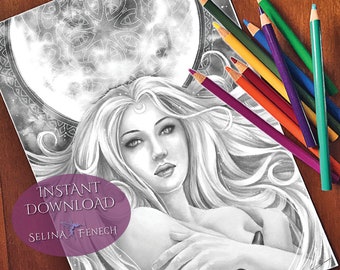Moon Witch Gothic Grayscale Coloring Page/Digi Stamp Fantasy Printable Download by Selina Fenech