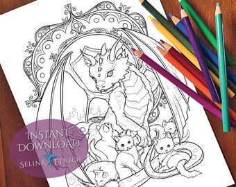 Foster Family Unicorns and Dragons Coloring Page/Digi Stamp Fantasy Printable Download by Selina Fenech