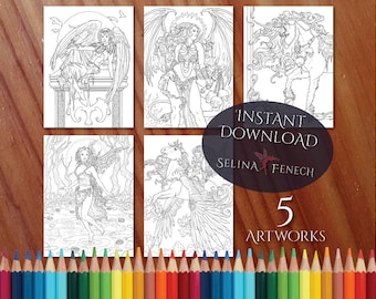 Dark Fantasy Gothic Angels Fairies and Unicorns Coloring Page/Digi Stamp Fantasy Printable Download by Selina Fenech