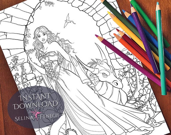 Gothic Princess With Dragon Coloring Page Digi Stamp Fantasy