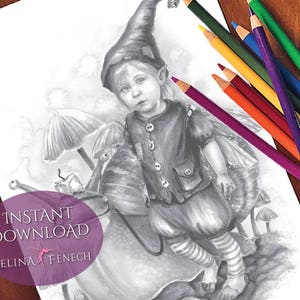 Prendre un escargot pour une promenade Fairy Art Grayscale Coloring Page/Digi Stamp Fantasy Printable Download par Selina Fenech