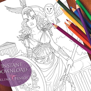 Athena Goddess and Mythology Coloring Page/Digi Stamp Fantasy Printable Download by Selina Fenech
