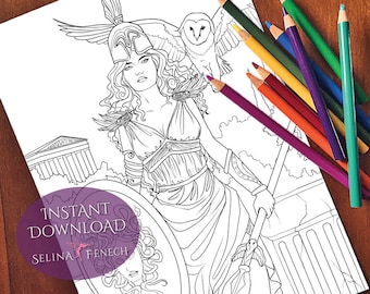 Athena Goddess and Mythology Coloring Page/Digi Stamp Fantasy Printable Download by Selina Fenech