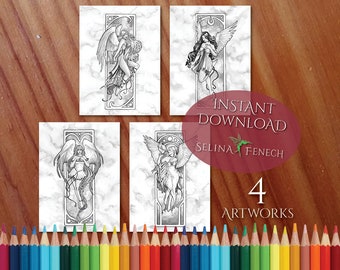 Nouveau Angels Festive Magic Grayscale Coloring Page/Digi Stamp Fantasy Printable Download by Selina Fenech