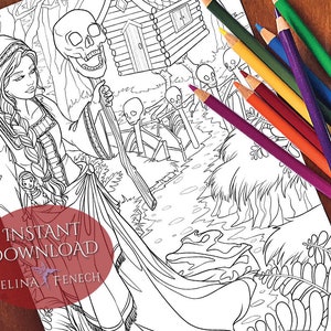Puede incluir: Una página para colorear en blanco y negro con una mujer con una capa con capucha sosteniendo una calavera. Ella está de pie en un bosque con una pequeña cabaña en el fondo. El texto "INSTANT DOWNLOAD SELINA FENECH" está en la parte inferior de la página.