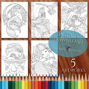 Sirenas Aves y Gatos Sirenas y Compañeros Animales Página para colorear/Digi Stamp Fantasy Descarga imprimible por Selina Fenech