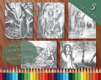 Dragons and Unicorns Enchanted Grayscale Coloring Page/Digi Stamp Fantasy Printable Download by Selina Fenech