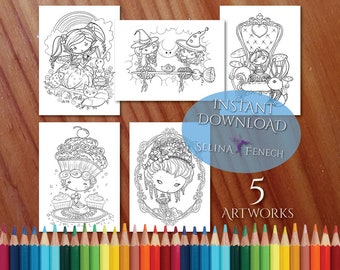 Animals and Alice Fantasy Tea Party Faedorables Coloring Page/Digi Stamp Fantasy Printable Download by Selina Fenech