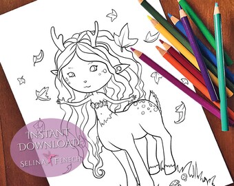 Autumn Wonder Faedorables Sweet and Simple Coloring Page/Digi Stamp Fantasy Printable Download by Selina Fenech